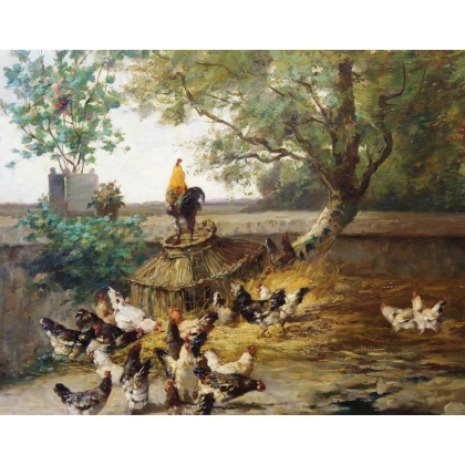 Tableau \"Basse-cour\" signé J. COPPENOLLE