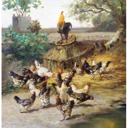 Tableau \"Basse-cour\" signé J. COPPENOLLE