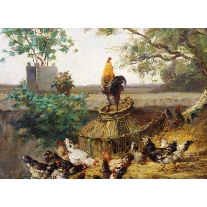 Tableau \"Basse-cour\" signé J. COPPENOLLE