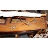 Model of a blue-hulled sailing boat
