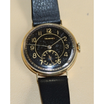 TAVANNES gold watch, black leather strap
