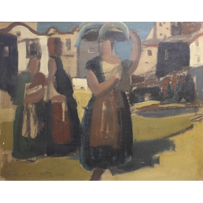 Tableau \"Femmes au marché\" signé FUSTIER 44