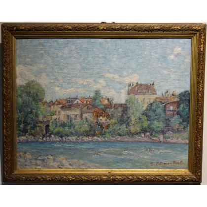 Tableau \"Bord de rivière\" signé J. BLUMENTHAL