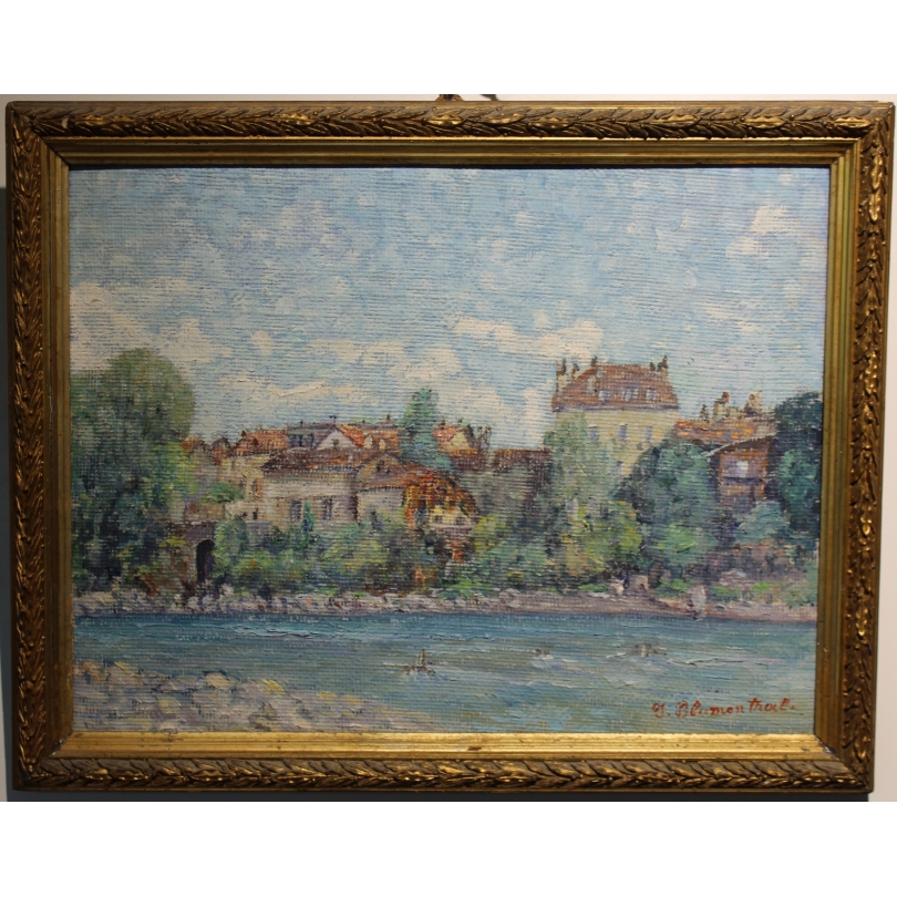 Tableau \"Bord de rivière\" signé J. BLUMENTHAL