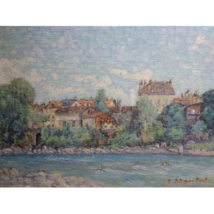 Tableau \"Bord de rivière\" signé J. BLUMENTHAL
