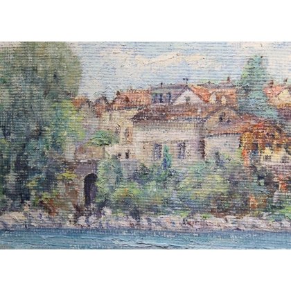 Tableau \"Bord de rivière\" signé J. BLUMENTHAL