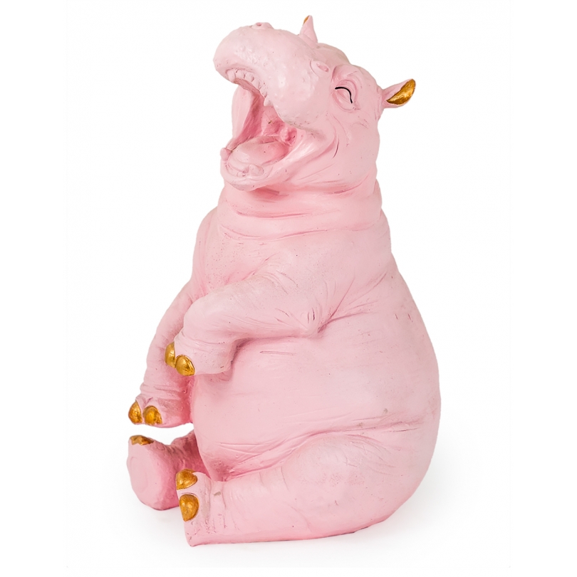 Hippopotame riant en résine rose et doré