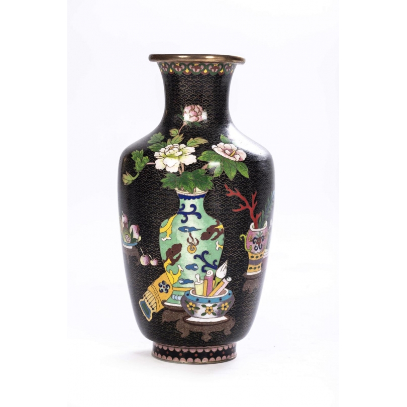 Vase cloisonné décor de vases sur fond noir