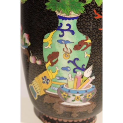 Vase cloisonné décor de vases sur fond noir