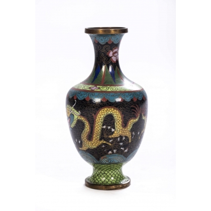 Vase cloisonné décor de dragons sur fond noir