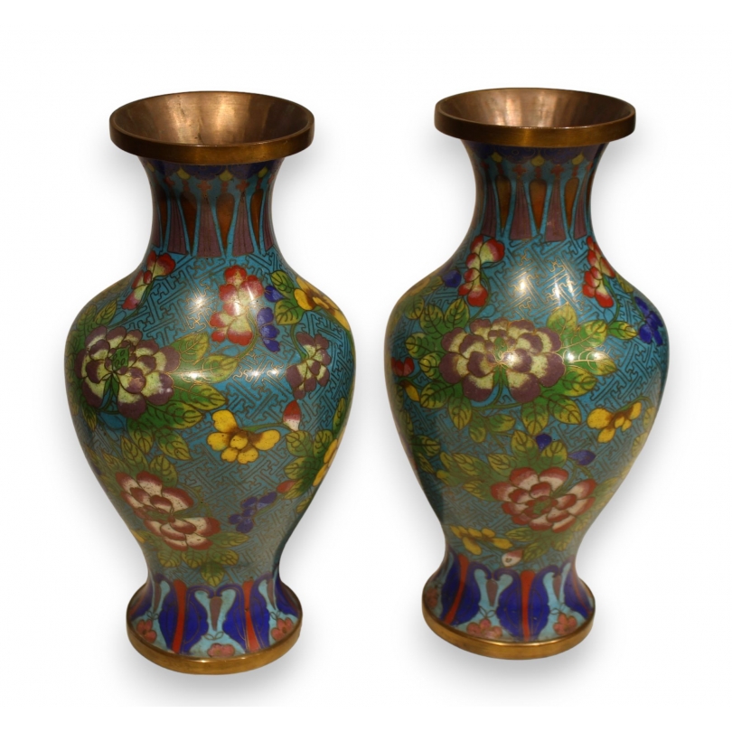 Pair of cloisonné vases with a floral design