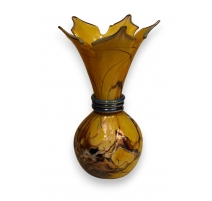 Vase en verre jaune et bleu signé LUZORO 2002