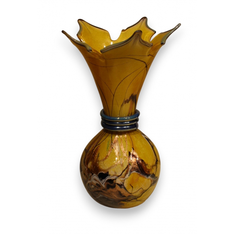 Vase en verre jaune et bleu signé LUZORO 2002