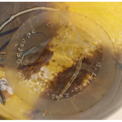 Vase en verre jaune et bleu signé LUZORO 2002