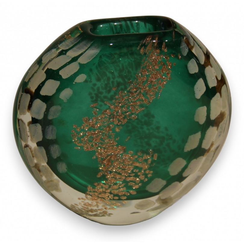 Vase en verre vert et or signé LUZORO 1996