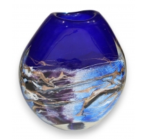 Vase en verre bleu et or signé LUZORO 1992