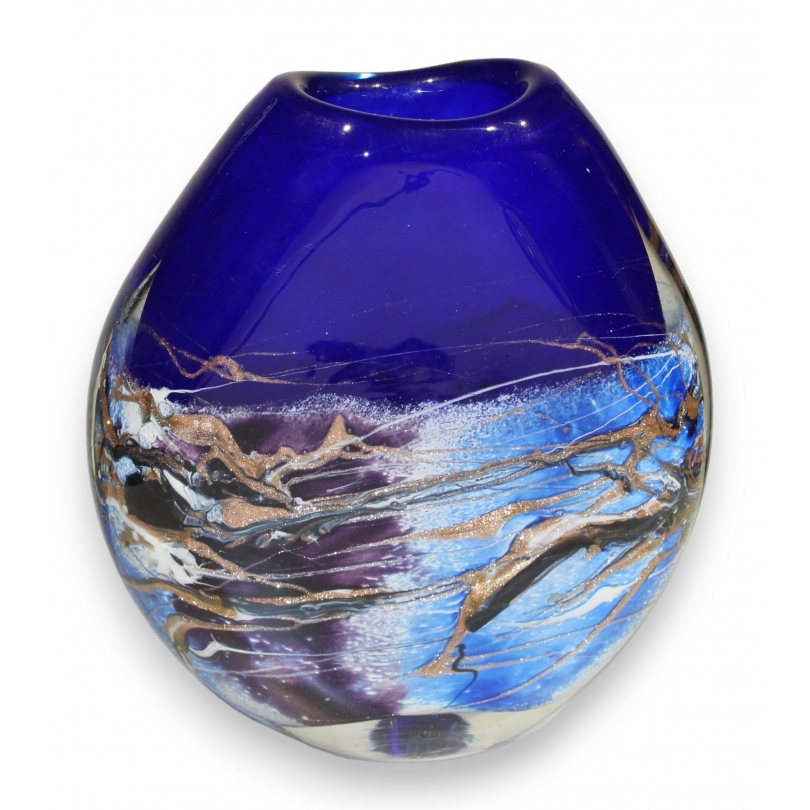 Vase en verre bleu et or signé LUZORO 1992