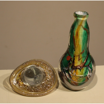 Flacon vert et jaune en verre signé LUZORO 00