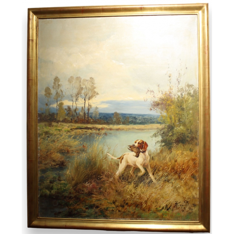 Tableau \"Chien de chasse\" signé J RENAUD