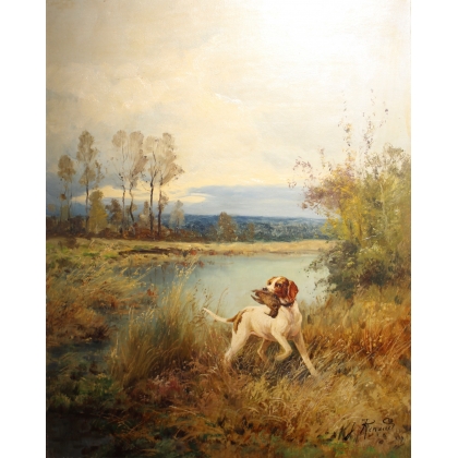 Tableau \"Chien de chasse\" signé J RENAUD