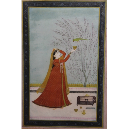 Gravure indienne "Femme en rouge au perroquet"