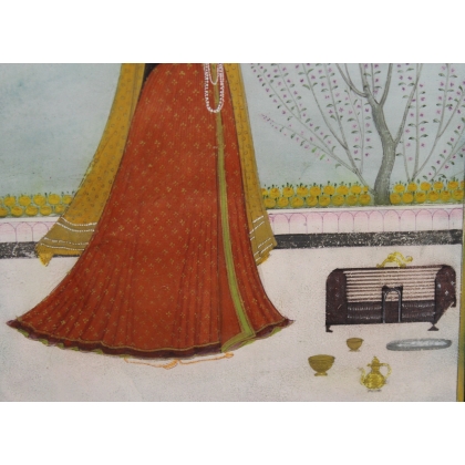 Gravure indienne "Femme en rouge au perroquet"