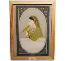 Gravure indienne "Femme en vert au perroquet"