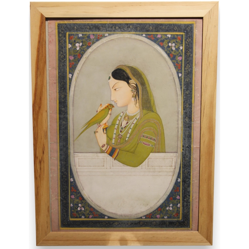 Gravure indienne "Femme en vert au perroquet"