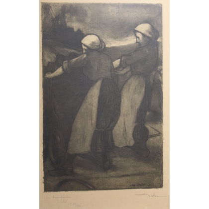 Engraving entitled ‘Wheat-Gatherers by the Cart’, signed DELSA