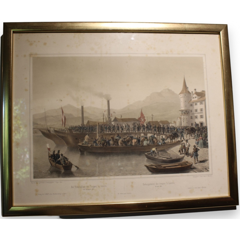Gravure "Embarquement des troupes à Lucerne"