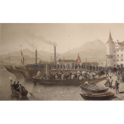 Engraving: ‘Troops Embarking at Lucerne’