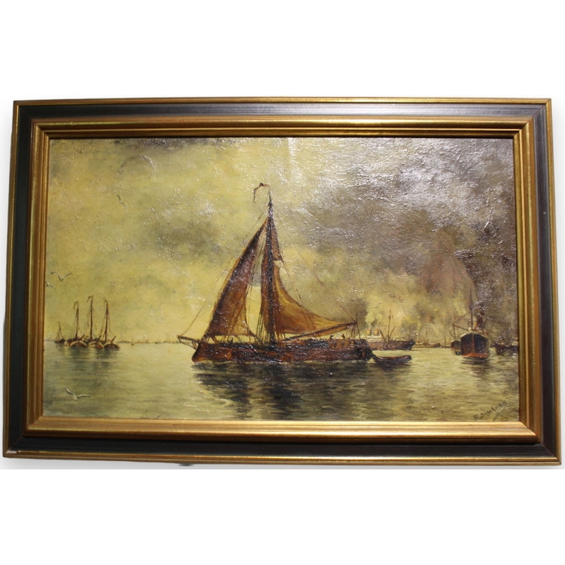 Tableau \"Bateaux dans un port\" signé F. BROCKMAN