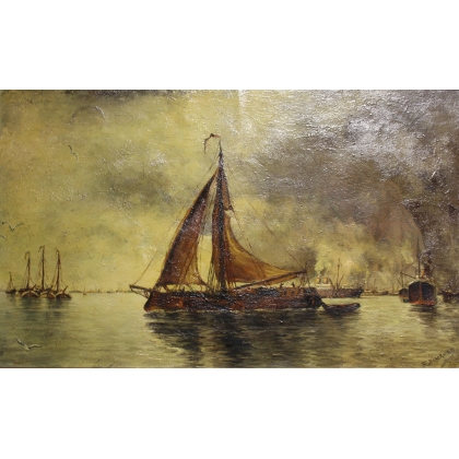 Tableau \"Bateaux dans un port\" signé F. BROCKMAN