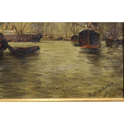 Tableau \"Bateaux dans un port\" signé F. BROCKMAN