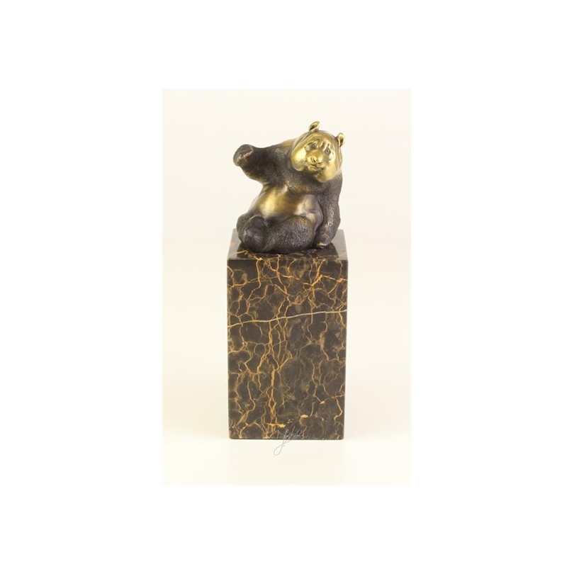 Bronze Panda assis, socle en marbre noir veiné