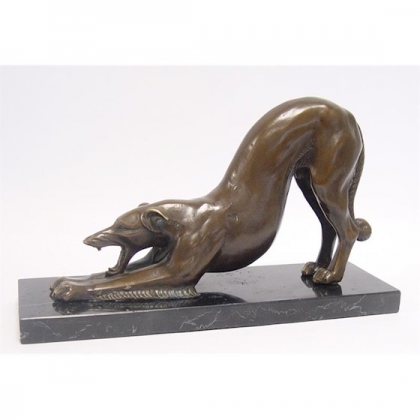 Bronze Borzoï s\'étirant, socle en marbre noir