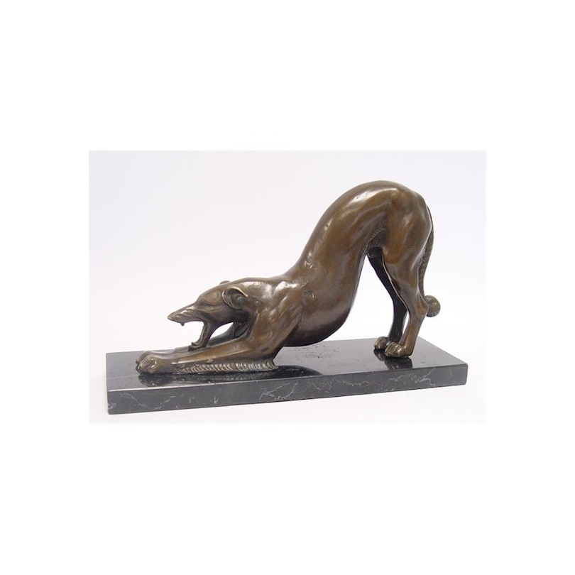 Bronze Borzoi stretching, on a black marble plinth