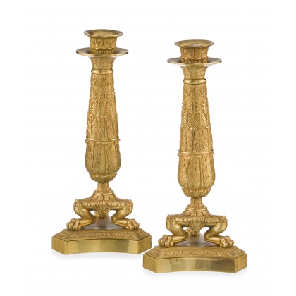 Pair of gilded bronze candlesticks, restored