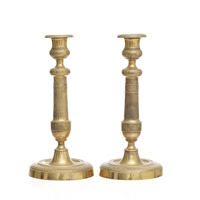 Pair of guilloché-decorated Empire-style candlesticks