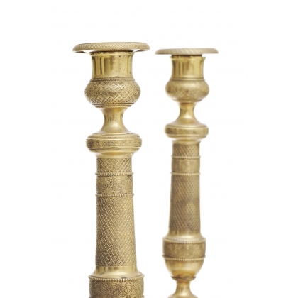 Pair of guilloché-decorated Empire-style candlesticks