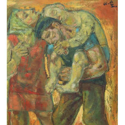 Tableau \"Trio paysan\" signé monogrammé RB 65