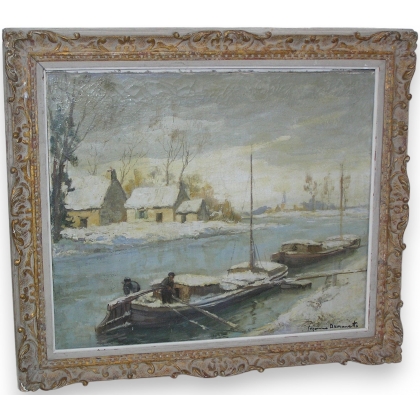 Tableau \"Péniches en hiver\".
