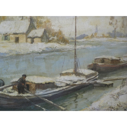 Paintings | Painting: ‘Barge in Winter’. Moinat SA  – Antiques and home décor