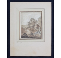 Aquarelle sépia "Bord de rivière" signée GESSNER