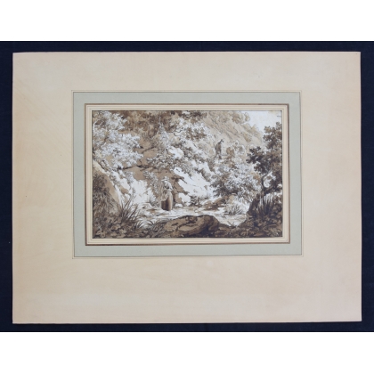 Aquarelle sépia "La cruche cassée" signée GARIBBO