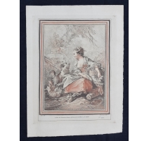 Gravure "Jeune fille au chien" par HUET