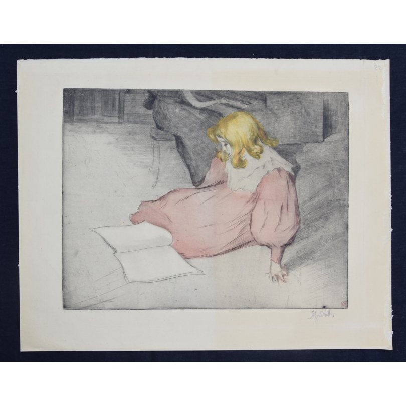 Gravure "Fille assise au piano" signée