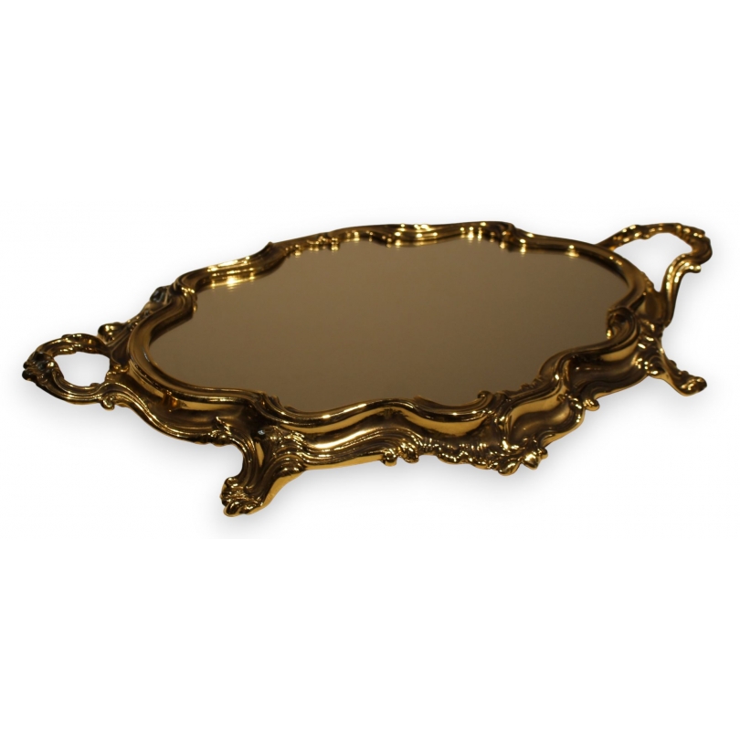 Plateau miroir baroque en laiton poli, grand