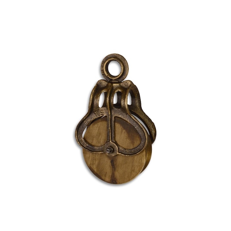 Gold-coloured cast iron and wood pulley