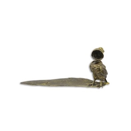 Encrier porte-plume Hibou en bronze peint à froid